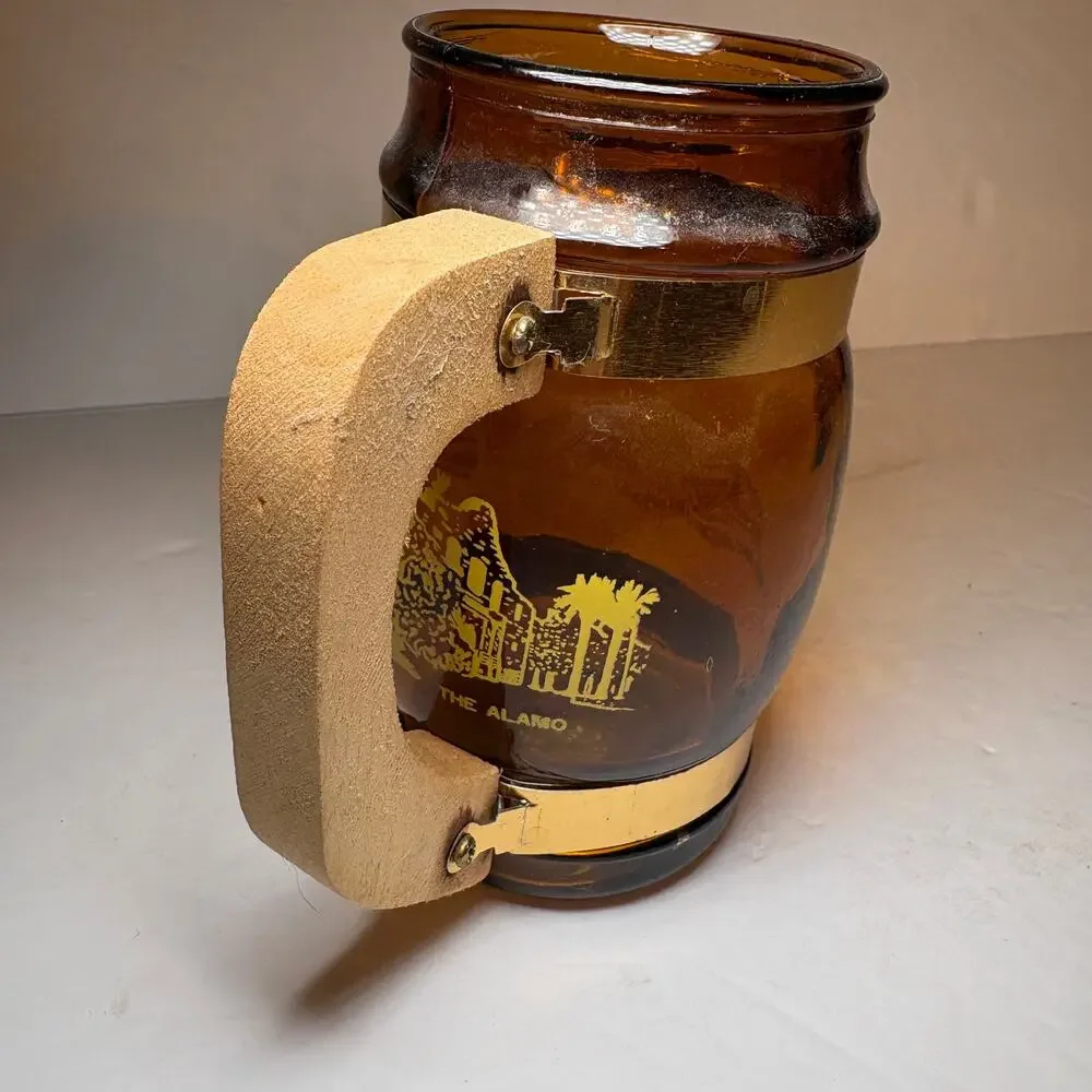 Vintage Texas Lone Star State Souvenir Brown Glass Barrel Mug Wood Handle